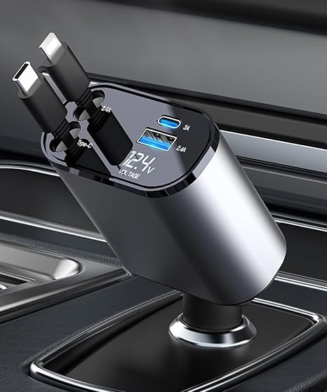 4-in-1 Car charge with Dual Retractable Cable, Dual Port USB C PD Fast chaging Car Adapter Car Cigarette Lighter Adapter with Voltage Display Compatible with iPhone 14 13 Pro Max, iPad, Samsung