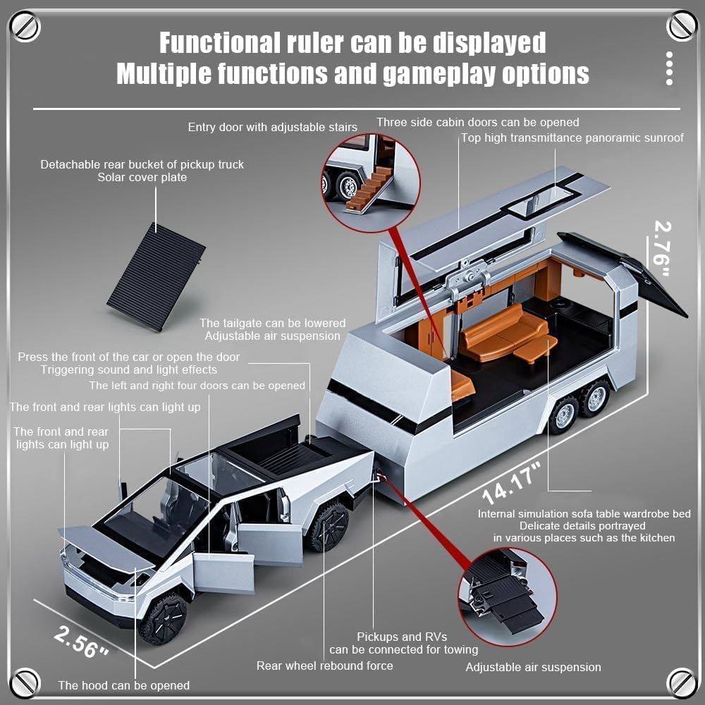 طقم نموذج مقطورة Cyber ​​Pickup RV بمقياس 1/32، شاحنة Mars Pickup Toy للأولاد من سن 4 إلى 7 سنوات، مركبة على الطرق الوعرة مصنوعة من السبائك المعدنية، نموذج سيارة لعبة معدنية مصبوبة، نموذج شاحنة محاكاة 