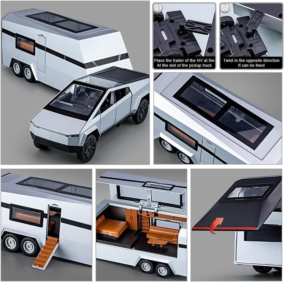طقم نموذج مقطورة Cyber ​​Pickup RV بمقياس 1/32، شاحنة Mars Pickup Toy للأولاد من سن 4 إلى 7 سنوات، مركبة على الطرق الوعرة مصنوعة من السبائك المعدنية، نموذج سيارة لعبة معدنية مصبوبة، نموذج شاحنة محاكاة 